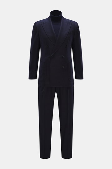 Front view of the Stile Latino Suit 'Andrea' navy melange, a slim-fit two-piece with a subtle Prince-of-Wales pattern, double-breasted jacket, and button-fly trousers featuring side adjusters, crafted from a wool-cashmere blend with a very soft touch.