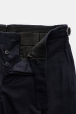Close-up front view of Stile Latino Suit 'Andrea' navy melange trousers showing button fly, side adjuster, and soft wool-cashmere fabric.
