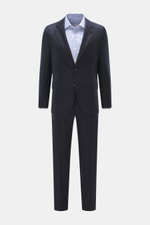 Lardini Anzug navy, frontale Ansicht, Slim Fit Sakko mit zwei Knöpfen, Blüten-Anstecker, tailliert, Hose schmal zulaufend aus Schurwolle mit Cashmere.