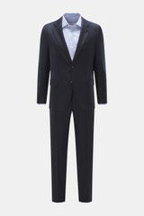 Lardini Anzug navy, frontale Ansicht, Slim Fit Sakko mit zwei Knöpfen, Blüten-Anstecker, tailliert, Hose schmal zulaufend aus Schurwolle mit Cashmere.