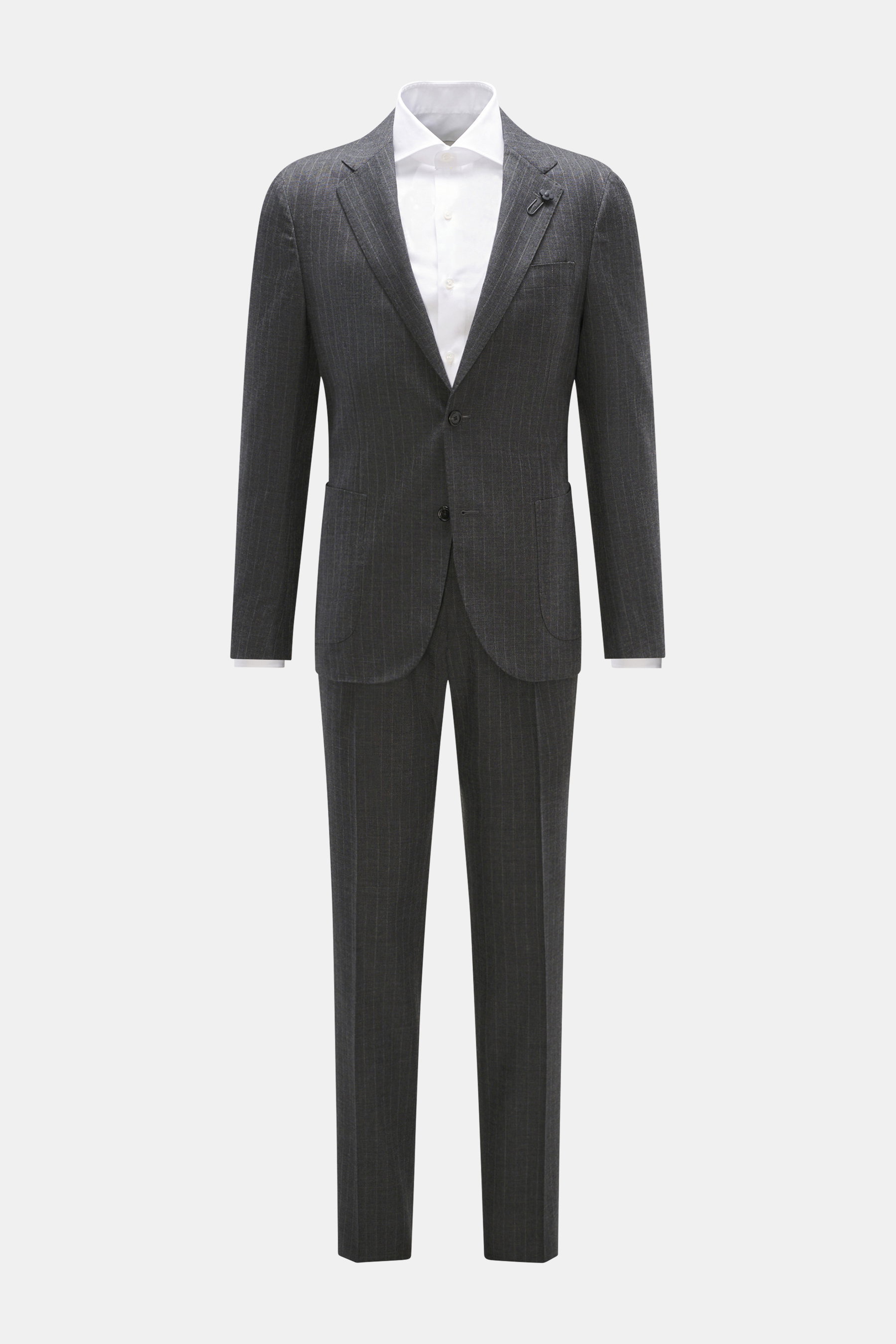 Lardini Anzug anthrazit gestreift, Slim Fit aus reiner Schurwolle mit dezentem Karo, frontal fotografiert mit tailliertem Sakko und schmal zulaufender Hose.