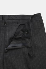 Close-up front view of Lardini Anthracite striped suit trousers in pure new wool with subtle check pattern, zipper, button, and French pockets.