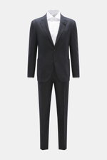 Front view of the Lardini Suit dark navy melange, a pure new wool slim fit suit with a subtle check pattern, tailored two-button jacket, and tapered trousers.