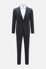 Front view of the Lardini Suit dark navy melange, a pure new wool slim fit suit with a subtle check pattern, tailored two-button jacket, and tapered trousers.