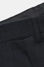 Close-up front view of the Lardini Suit dark navy melange fabric and waistband, showcasing pure new wool with subtle check pattern and slim fit tailoring.