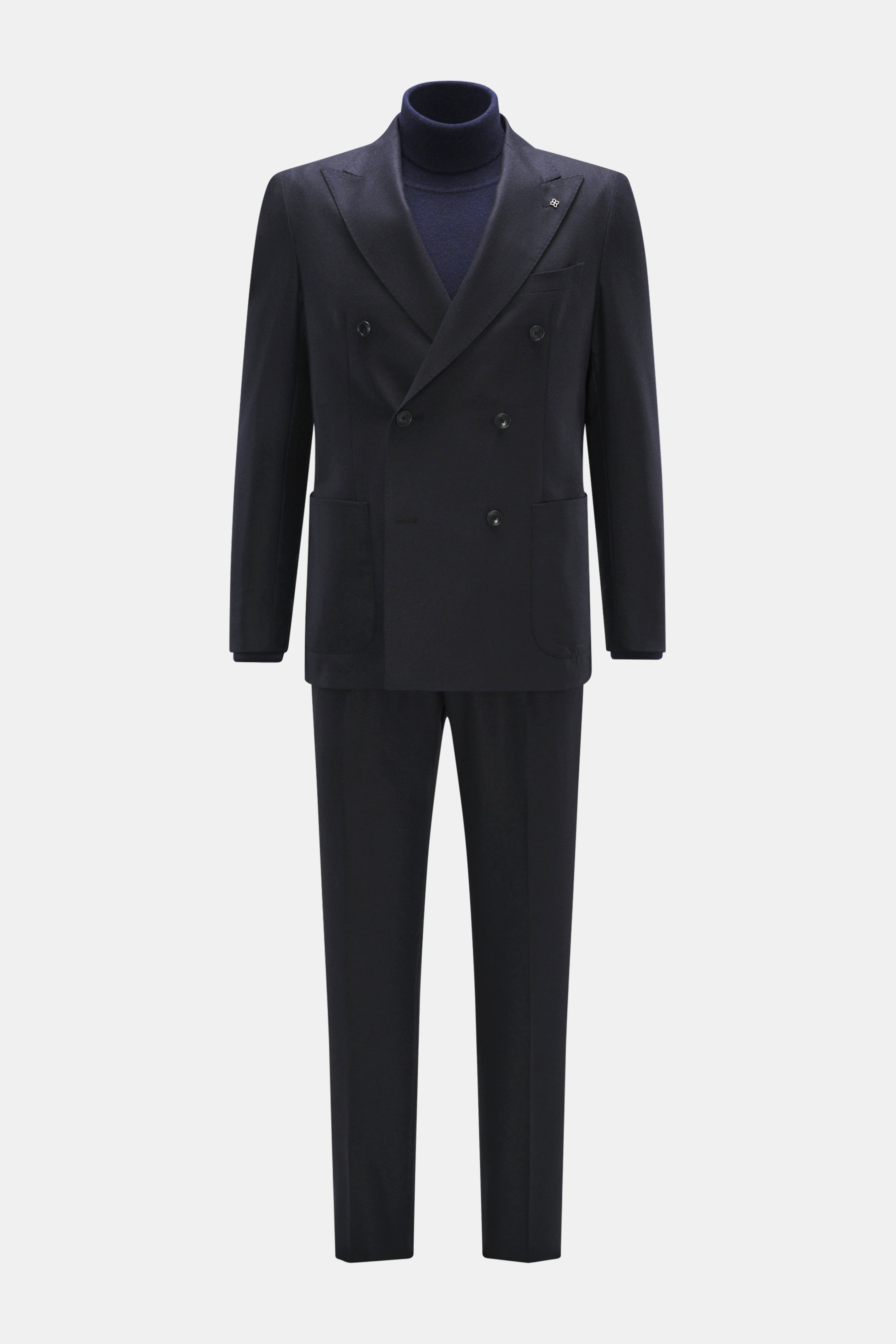 Front view of Tagliatore Suit 'Vesuvio' dark navy, a slim fit two-piece suit in virgin wool and cashmere blend with double-breasted jacket and tapered trousers.