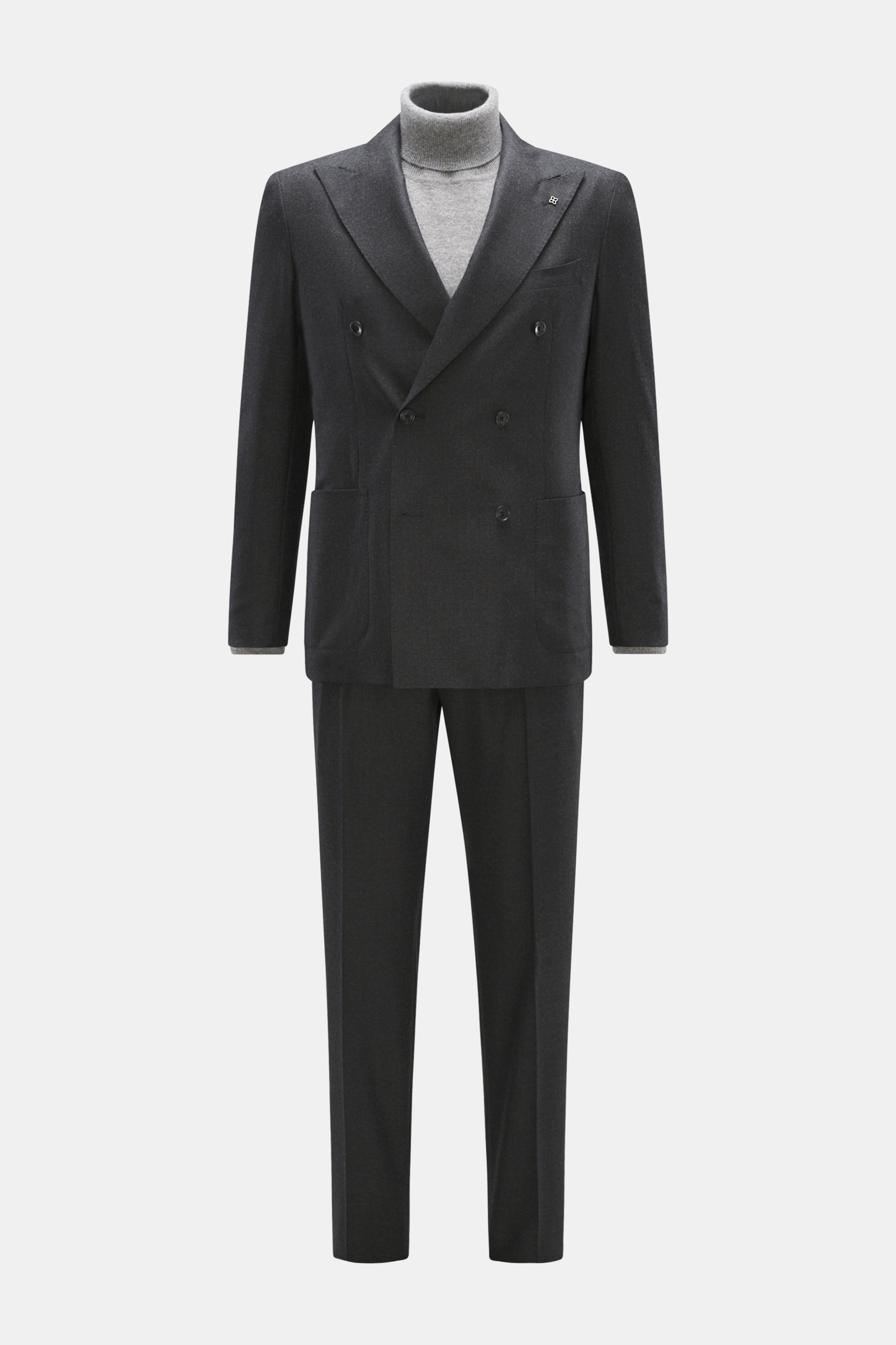 Front view of Tagliatore Suit 'Vesuvio' anthracite melange, a slim fit, double-breasted two-piece suit in virgin wool and cashmere blend with precise tailoring and high comfort.