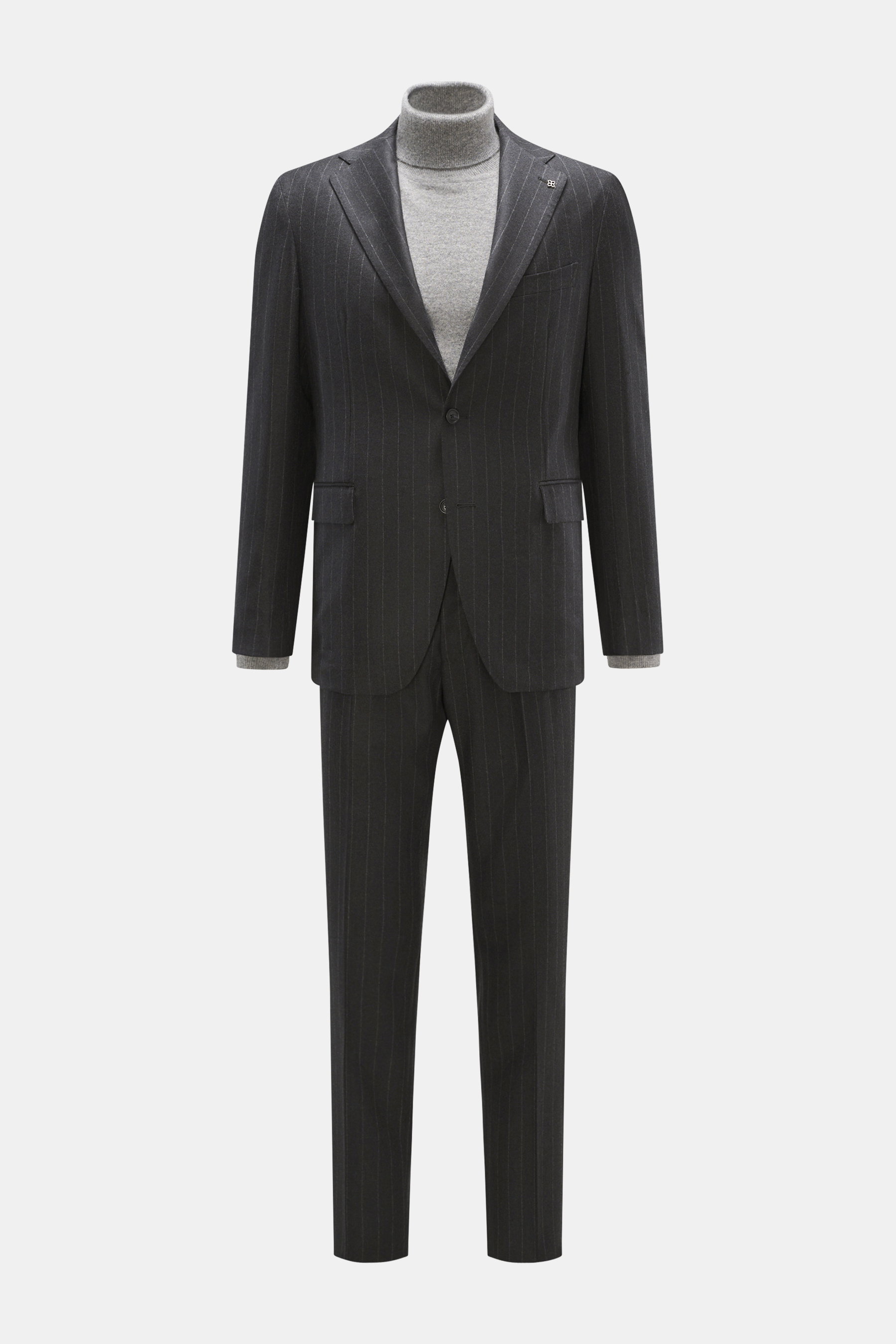 Front view of Tagliatore Suit 'Vesuvio' anthracite striped, a slim fit two-piece in pure Super 110's virgin wool with classic chalk stripes.