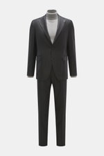 Front view of Tagliatore Suit 'Vesuvio' anthracite striped, a slim fit two-piece in pure Super 110's virgin wool with classic chalk stripes.