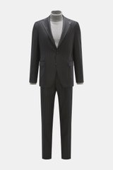Front view of Tagliatore Suit 'Vesuvio' anthracite striped, a slim fit two-piece in pure Super 110's virgin wool with classic chalk stripes.