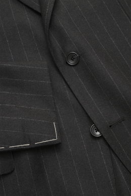 Close-up front view of the Tagliatore Suit 'Vesuvio' anthracite striped jacket made from pure Super 110's virgin wool with chalk stripes, tailored two-button style, notched lapel, and classic breast pocket.