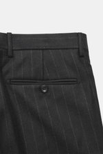 Close-up rear view of Tagliatore Suit 'Vesuvio' anthracite striped trousers in pure Super 110's wool with classic chalk stripes, buttoned back pocket, and belt loops.