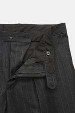 Close-up front view of the Tagliatore Suit 'Vesuvio' anthracite striped trousers showing zipper, button, waistband, and classic chalk stripes. Elegant silhouette meets Italian tradition with this two-piece suit made from pure Super 110's virgin wool, feat