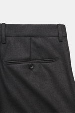 Close-up rear view of the Tagliatore Suit 'Vesuvio' dark grey melange trousers, made from pure Super 120's virgin wool with buttoned back pocket.