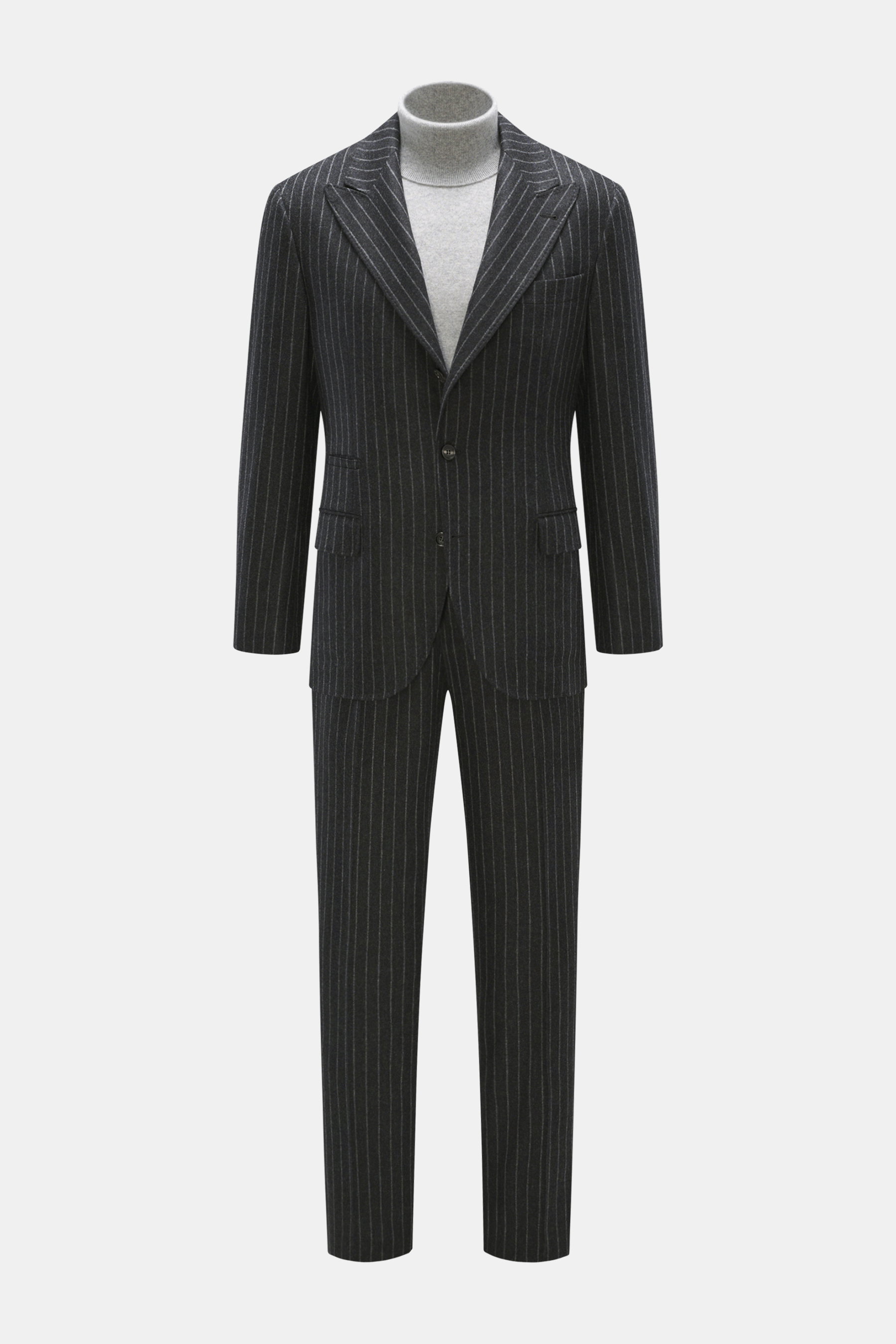 Brunello Cucinelli Anzug dunkelgrau/hellgrau gestreift, frontale Ansicht, Unconstructed-Sakko Slim Fit mit Chalk-Stripes, Regular Fit Hose aus Wolle-Cashmere.