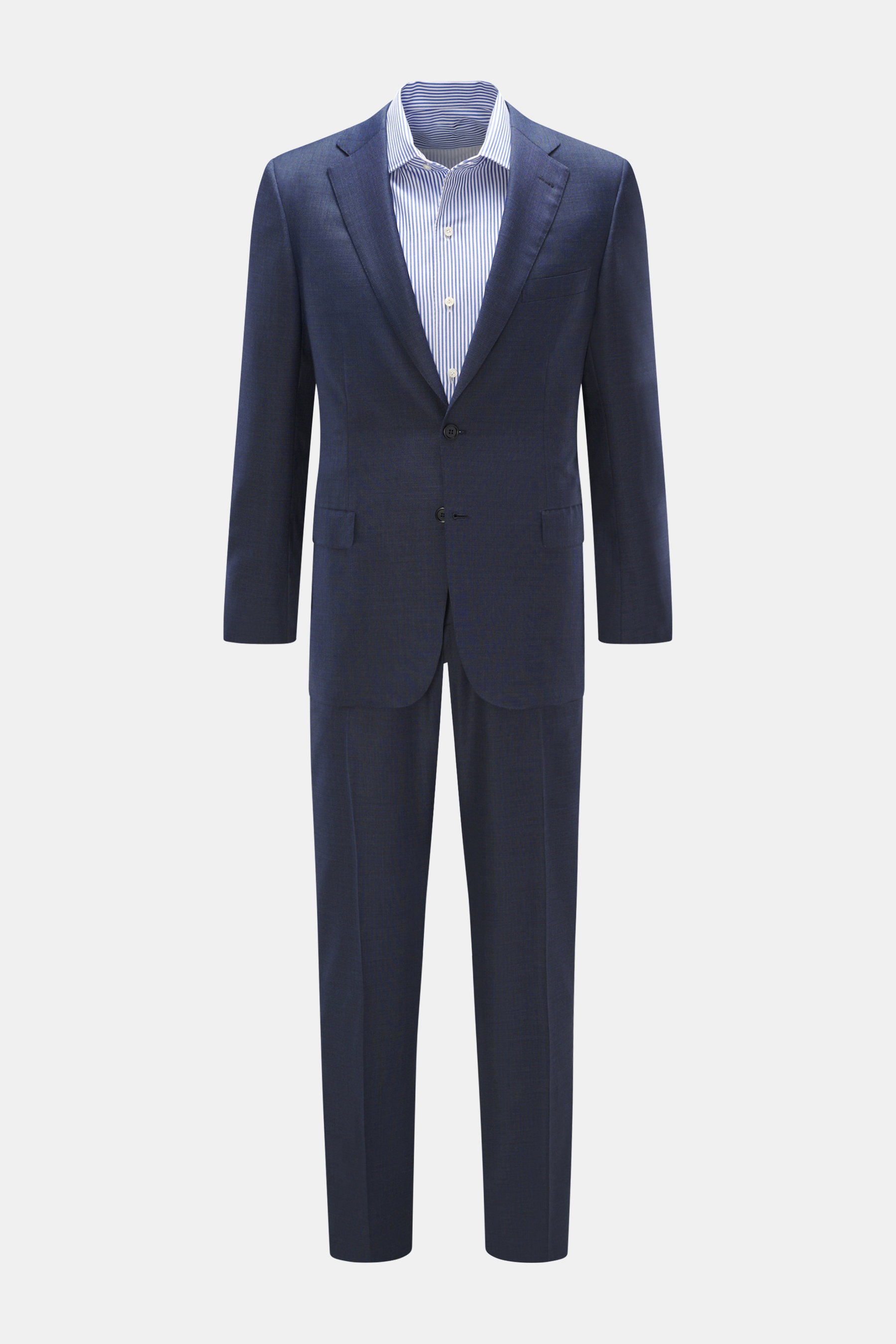 Front view of Brioni Suit 'Brunico' navy melange, pure wool slim fit with two-button jacket, notched lapel, classic breast pocket, hip flap pockets, and straight-cut trousers with French pockets.