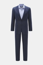 Front view of Brioni Suit 'Brunico' navy melange, pure wool slim fit with two-button jacket, notched lapel, classic breast pocket, hip flap pockets, and straight-cut trousers with French pockets.