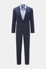Front view of Brioni Suit 'Brunico' navy melange, pure wool slim fit with two-button jacket, notched lapel, classic breast pocket, hip flap pockets, and straight-cut trousers with French pockets.
