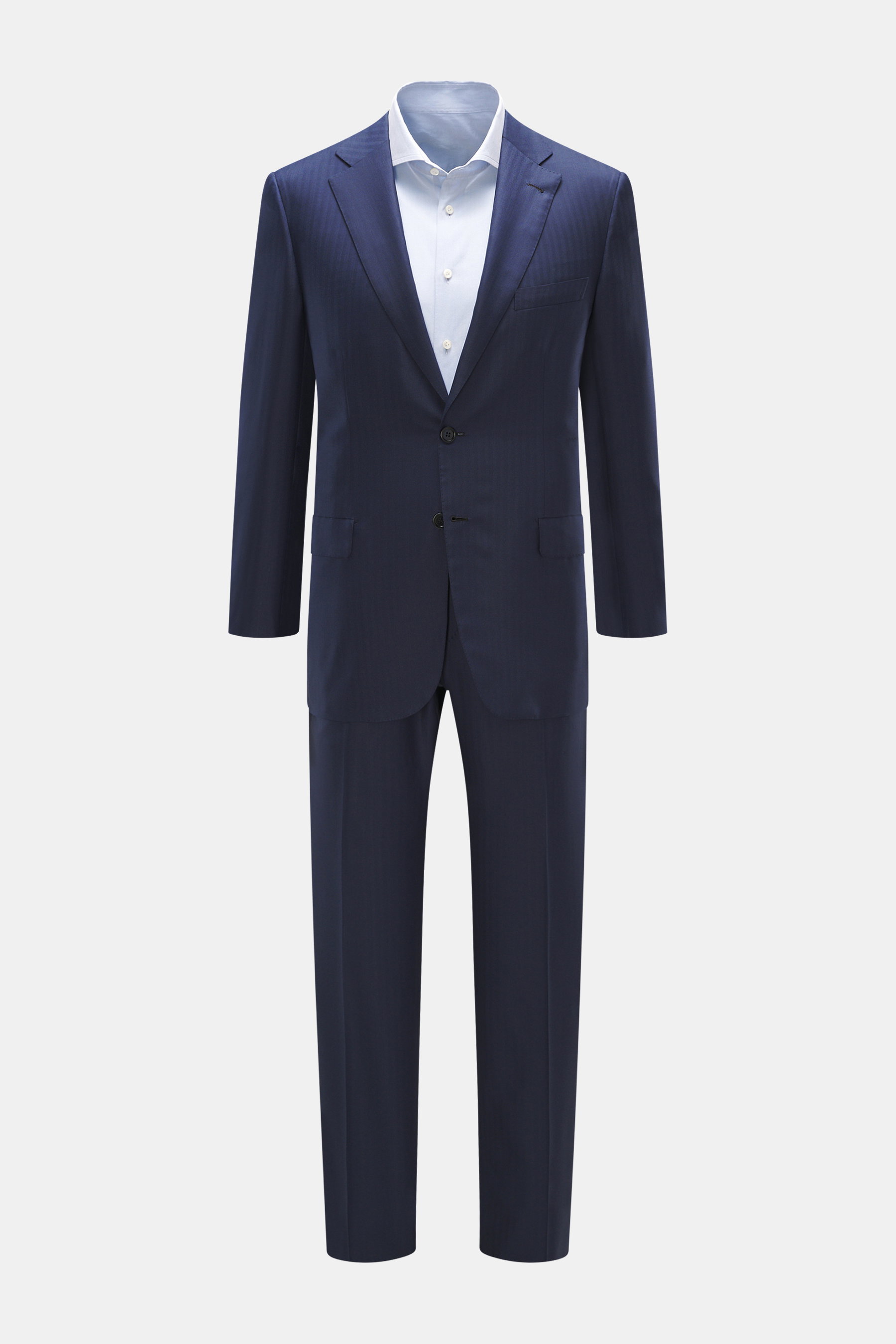 Front view of Brioni Suit 'Brunico' navy made in Italy, slim fit wool-silk blend with tailored two-button jacket and straight cut trousers.