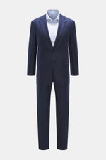 Front view of Brioni Suit 'Brunico' navy made in Italy, slim fit wool-silk blend with tailored two-button jacket and straight cut trousers.