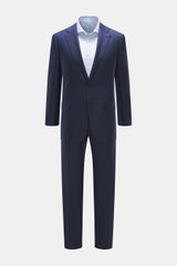 Front view of Brioni Suit 'Brunico' navy made in Italy, slim fit wool-silk blend with tailored two-button jacket and straight cut trousers.