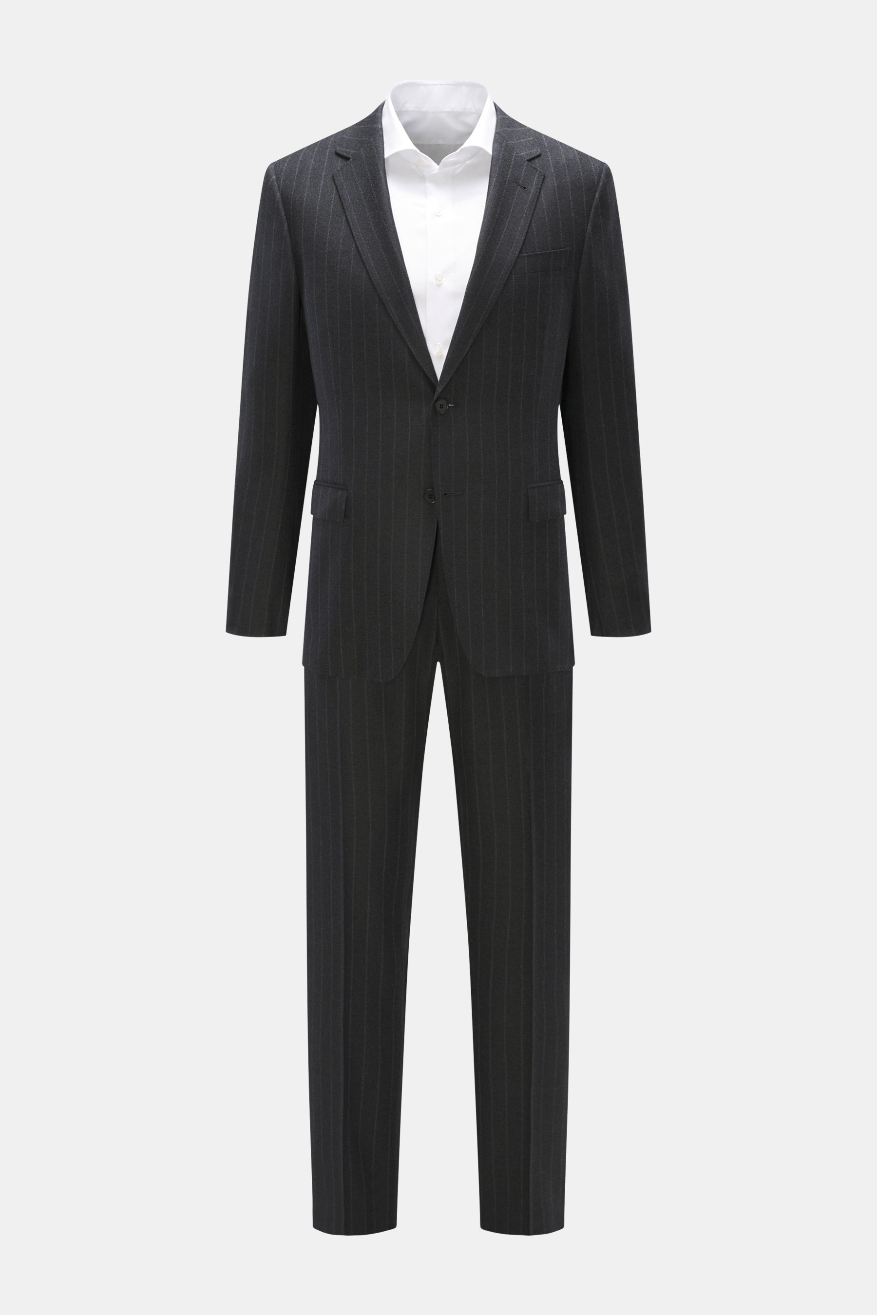 Front view of Zegna Suit dark grey striped in elastic wool with soft feel, classic pinstripe, slim fit, tailored two-button jacket, and tapered trousers.