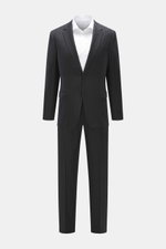Front view of Zegna Suit dark grey striped in elastic wool with soft feel, classic pinstripe, slim fit, tailored two-button jacket, and tapered trousers.
