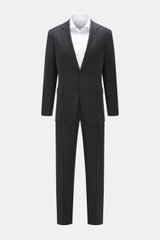Front view of Zegna Suit dark grey striped in elastic wool with soft feel, classic pinstripe, slim fit, tailored two-button jacket, and tapered trousers.
