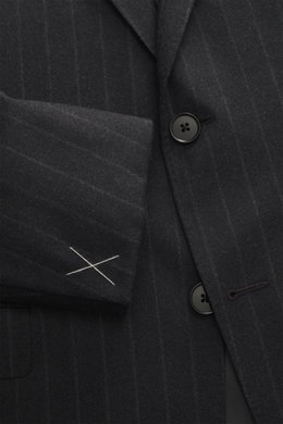 Close-up front view of Zegna Suit dark grey striped jacket showing elastic wool fabric, classic pinstripe pattern, tailored two-button style with notched lapel and black buttons.