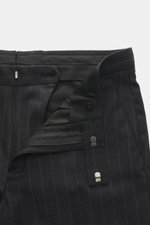 Close-up front view of Zegna Suit dark grey striped trousers showcasing elastic wool fabric, slim fit, zipper, slide button, and French pockets.