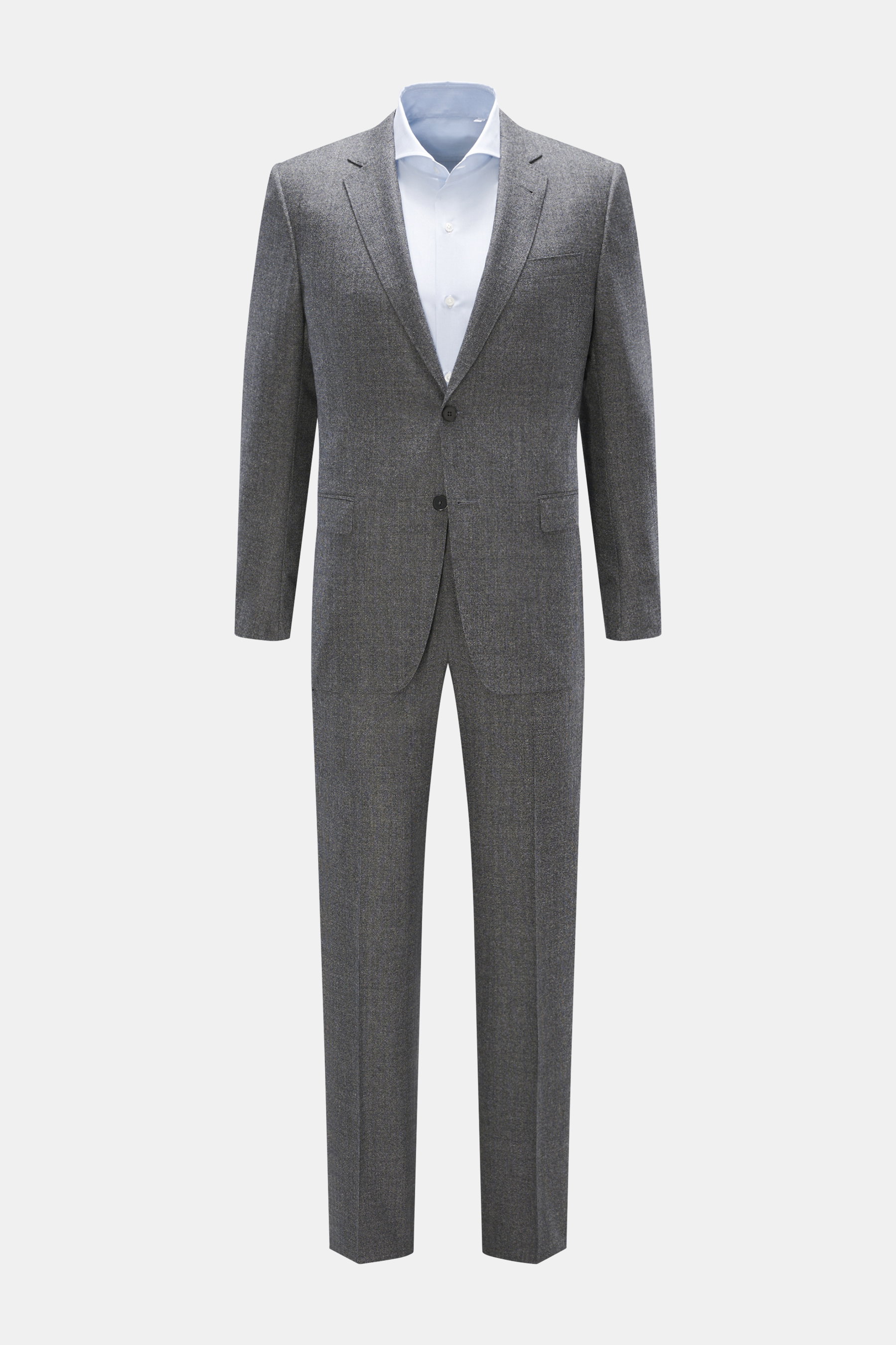 Front view of Zegna Suit grey melange in pure wool with a soft touch and distinctive woven texture, slim fit jacket with two buttons, notched lapel, breast and flap hip pockets, unfinished sleeves, rear vents, half lining, and three inner pockets, paired 