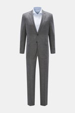 Front view of Zegna Suit grey melange in pure wool with a soft touch and distinctive woven texture, slim fit jacket with two buttons, notched lapel, breast and flap hip pockets, unfinished sleeves, rear vents, half lining, and three inner pockets, paired 
