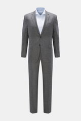 Front view of Zegna Suit grey melange in pure wool with a soft touch and distinctive woven texture, slim fit jacket with two buttons, notched lapel, breast and flap hip pockets, unfinished sleeves, rear vents, half lining, and three inner pockets, paired 