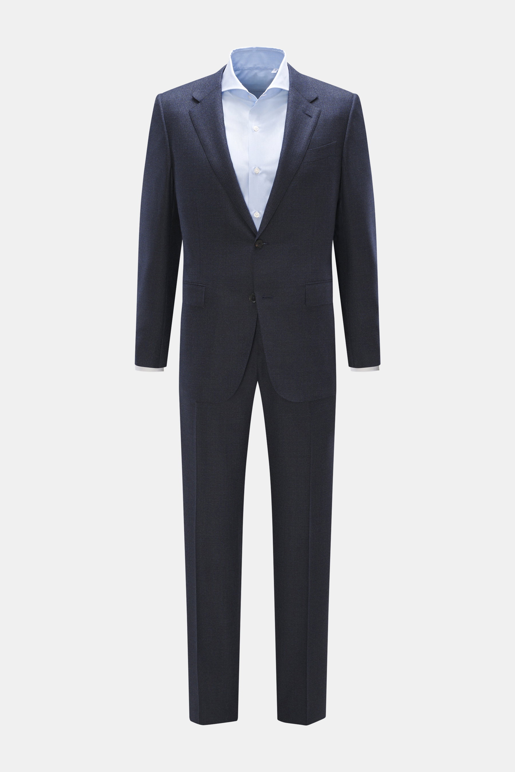 Zegna Suit 'Trofeo' navy melange front view with tailored two-button jacket, notched lapel, subtle check pattern, soft pure wool Slim Fit.