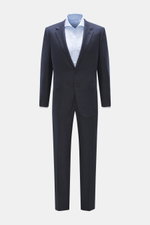Zegna Suit 'Trofeo' navy melange front view with tailored two-button jacket, notched lapel, subtle check pattern, soft pure wool Slim Fit.
