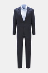 Zegna Suit 'Trofeo' navy melange front view with tailored two-button jacket, notched lapel, subtle check pattern, soft pure wool Slim Fit.