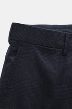 Zegna Suit 'Trofeo' navy melange close-up from above showing slim fit trousers in pure wool with subtle check pattern and soft touch.