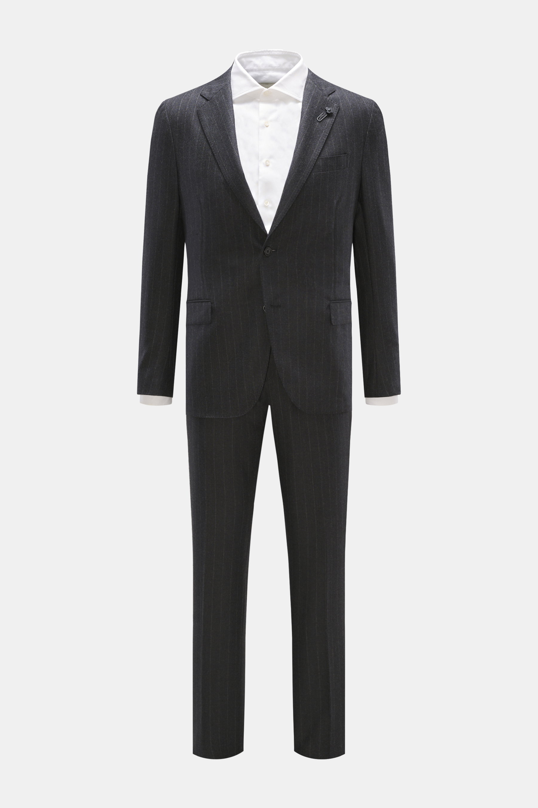 Lardini Suit anthracite/grey striped front view, slim fit classic pinstripe pattern in virgin wool and cashmere blend, tailored jacket with notched lapel, flower pin, breast and hip pockets, unfinished sleeves, rear vents, half lining, two inside pockets,