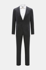 Lardini Suit anthracite/grey striped front view, slim fit classic pinstripe pattern in virgin wool and cashmere blend, tailored jacket with notched lapel, flower pin, breast and hip pockets, unfinished sleeves, rear vents, half lining, two inside pockets,