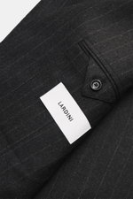 Close-up angled view of Lardini Suit anthracite/grey striped cuff showing classic pinstripe virgin wool-cashmere blend fabric with button and label.
