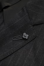 Close-up front view of the Lardini Suit anthracite/grey striped lapel with flower pin, showcasing the classic pinstripe cashmere wool blend fabric.