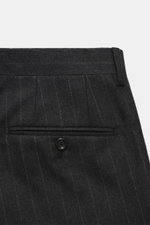 Close-up rear view of the Lardini Suit anthracite/grey striped trousers in a soft virgin wool and cashmere blend, classic pinstripe pattern, with welted back pockets and button.