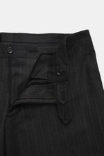 Close-up front view of the waistband and zipper area of Lardini Suit anthracite/grey striped trousers, made of a noble cashmere virgin wool blend with a classic pinstripe pattern.