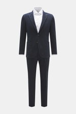 Santaniello Anzug navy aus Baumwoll-Twill, Slim Fit, frontale Sicht, tailliertes Sakko mit zwei Knöpfen, schmal zulaufende Hose.