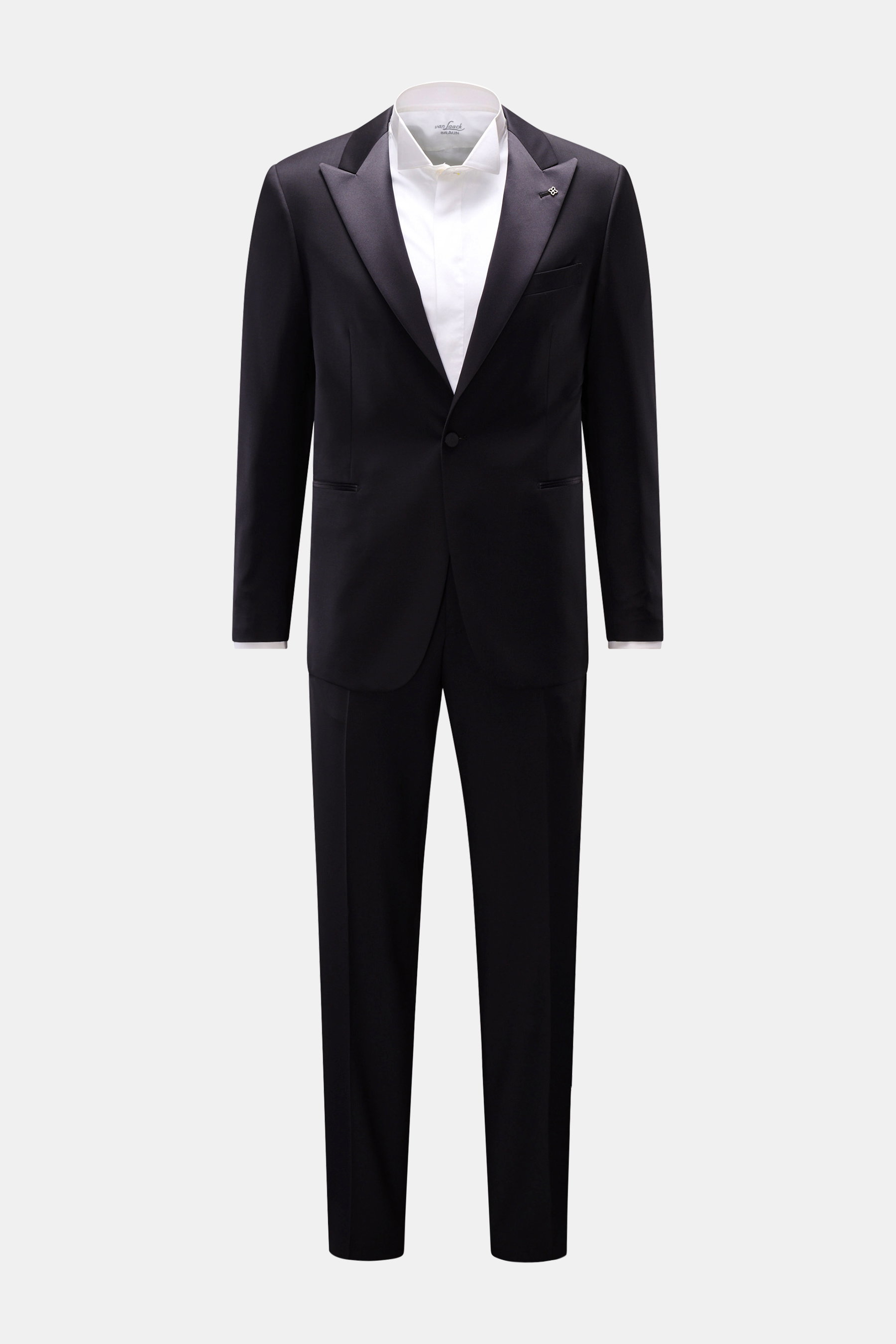 Tagliatore Smoking 'Napoli' dark navy aus Super 110'S Schurwolle, Slim Fit, frontale Ansicht mit tailliertem Sakko und schmal zulaufender Hose.