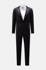 Tagliatore Tuxedo 'Napoli' dark navy shown from the front on a white background, featuring a slim fit one-button jacket in pure Super 110'S virgin wool with satin lapels and matching tapered trousers. Italian eveningwear to meet the dress code: Draw atten