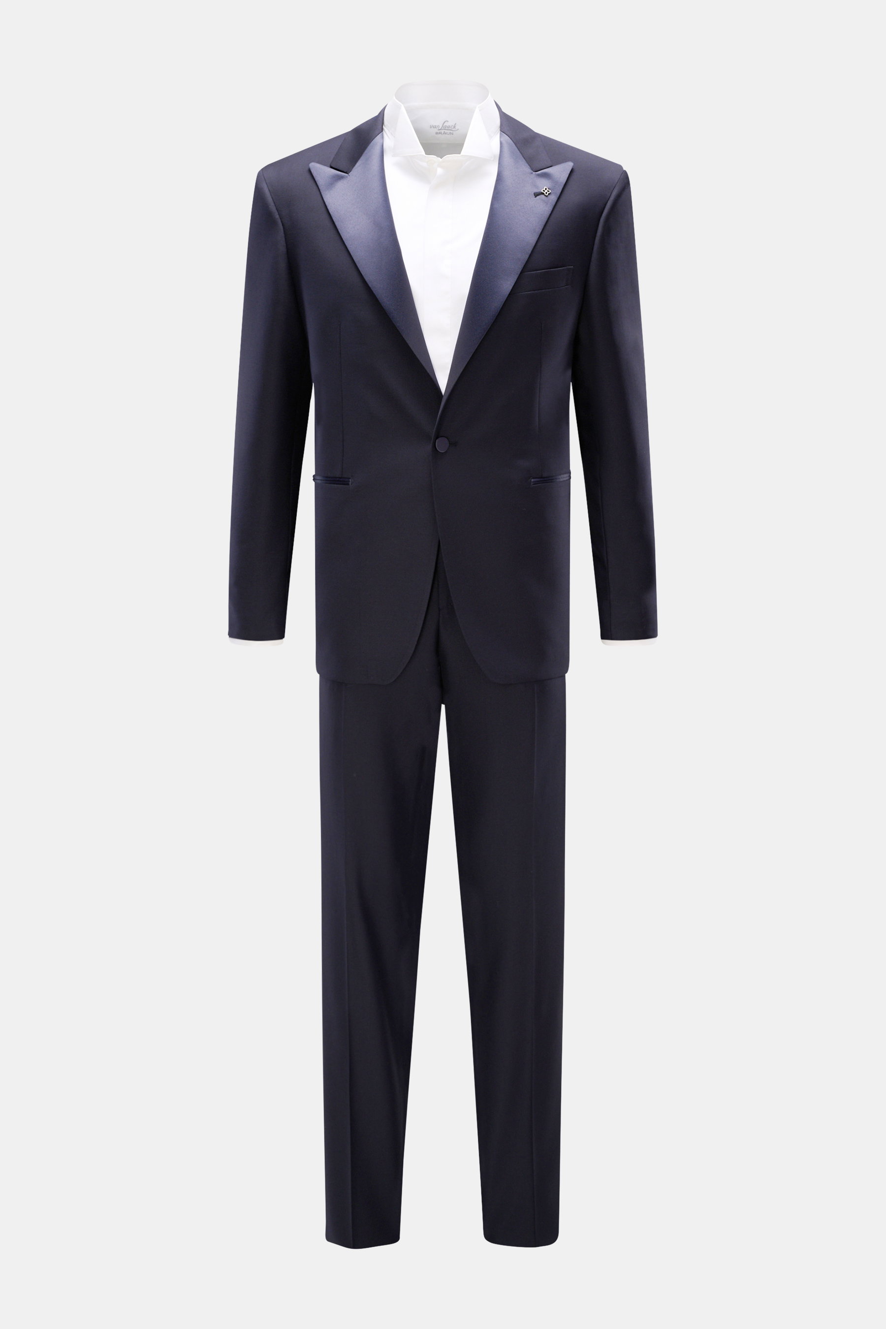 Tagliatore Smoking navy aus reiner Super 110'S Schurwolle, Slim Fit, frontale Perspektive, tailliertes Sakko mit Satin-Spitzrevers und Hose mit satinierter Taille.