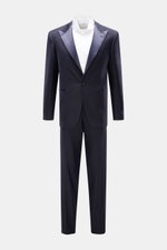 Front view of Tagliatore Tuxedo navy in pure Super 110'S virgin wool with satin lapel, slim fit jacket, and tapered trousers, styled with white shirt.