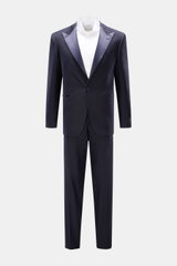 Front view of Tagliatore Tuxedo navy in pure Super 110'S virgin wool with satin lapel, slim fit jacket, and tapered trousers, styled with white shirt.