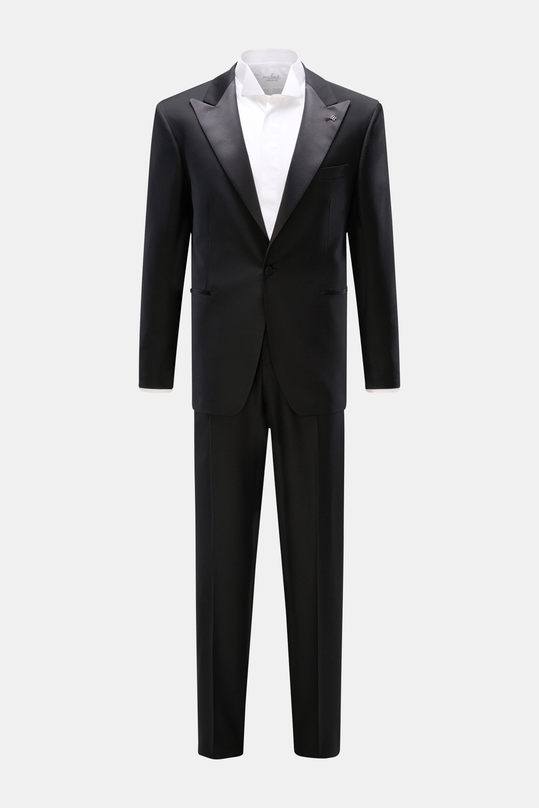 Tagliatore Smoking schwarz, frontale Ansicht, Slim Fit Smoking aus reiner Super 110'S Schurwolle mit tailliertem Ein-Knopf-Sakko, Spitzrevers, Satinbundhose.
